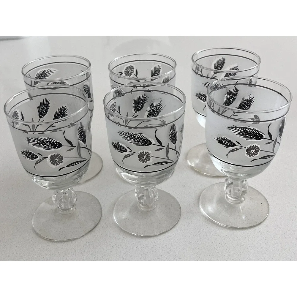 Vtg MCM Libbey Silver Wildflower & Wheat Frosted Pedestal Goblets Set Of 6